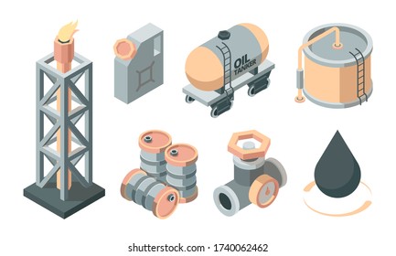 Oil isometric production set. Derrick with fire storage tank canister transportation fuel valve oil tanker storage tank raw materials black drop symbol industrial processing. Isometric style vector.