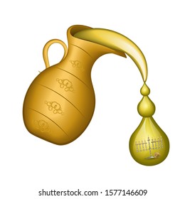 An oil jug with oil drops and inside it has a menorah and a spinning top