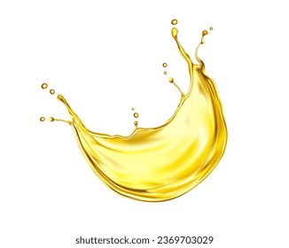 Oil or juice swirl splash. Transparent wave flow of fruit drink or food cooking oil with gold drops. Vector 3d wavy spill motion of olive oil, apple juice or lemonade with ripples and bubbles svg