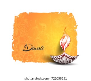 Oil lamp - Diya, Diwali festival, Hand Drawn Sketch Vector .