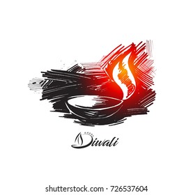 Oil lamp - diya, Diwali festival, Hand Drawn Sketch Vector .