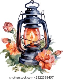 Oil lamp with flowers clipart, isolated vector illustration.