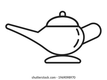 Oil Lamp Icon Vector In Line, Outline Style. Ancient Middle Eastern Genie Dish For Oil And Fire. Aladdin Lamp Symbol.