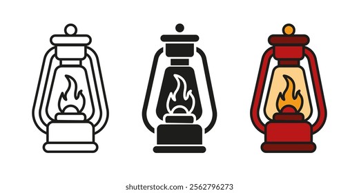 Oil lamp icon. Vintage lantern vector illustration. Camping gas lamp symbol. Pedant kerosene lantern sign. Retro lamp with fire flames pictogram. Antique lantern isolated colorful and outline concept.