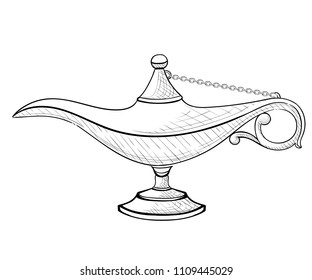 Oil lamp illustration  Aladdin magic genie lamp  Vintage sketch hand drawn vector illustration  Isolated white background 