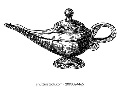 Oil Lamp. Iron or clay lamp isolated icon with decoration. A luminaire that burns oil or fat. Genie Lamp Arab design. Sketch icon. Vector ancient objects. 