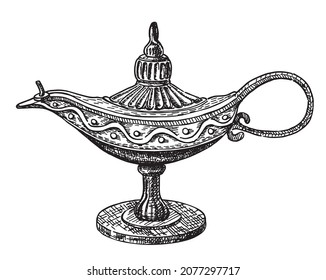 Oil Lamp. Iron lamp isolated icon with decoration.  Genie Lamp Arab Design. Icon Silhouette. Vector Ancient Objects. 