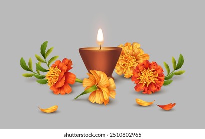 Oil Lamp and marigold flowers. Festive composition for Diwali festival or Day Of Dead