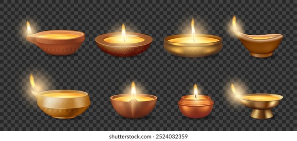 Coleção de lâmpadas de óleo. Vetor isolado lanterna tradicional feita de argila ou metal e preenchido com ghee e iluminado com pavio de algodão. Parte dos rituais religiosos hindus, orações e ocasião festiva