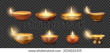 Oil lamps collection. Vector isolated traditional lantern made of clay or metal and filled with ghee and lit with cotton wick. Part of hindu religious rituals, prayers and festive occasion