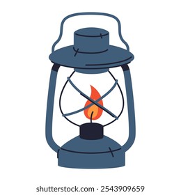 An oil lantern icon or lamp sign. Vector isolated sticker or clip art. Kerosene lamp a light equipment or item of home decor. Hanging antique metallic lantern. Vintage lighting device with flame.