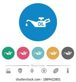 Oil level minimum indicator flat white icons on round color backgrounds. 6 bonus icons included.