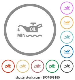 Oil level minimum indicator flat color icons in round outlines on white background