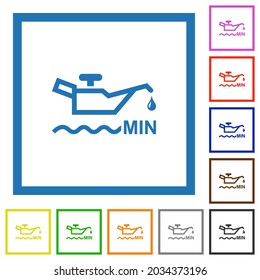 Oil level minimum indicator flat color icons in square frames on white background