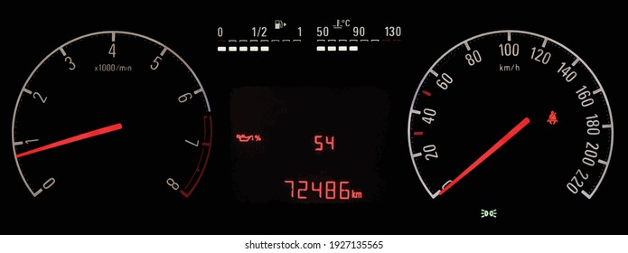 Oil life percentage display on car dashboard panel. Engine oil life monitor. Oil degradation indicator. Car instrument panel with speedometer, tachometer, odometer, car temperature and fuel gauge. 