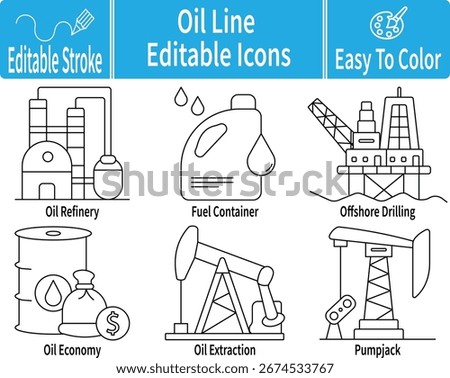 Oil line editable icon set featuring refinery, fuel container, offshore drilling platform, oil economy, extraction equipment, and pumpjack. Easy to edit and customize
