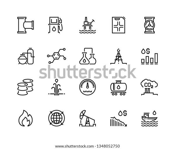 Oil line icons. Gas fuel station, chemical industry\
petrol tank, petroleum refinery factory, oil rig drill platform.\
Fuel vector set
