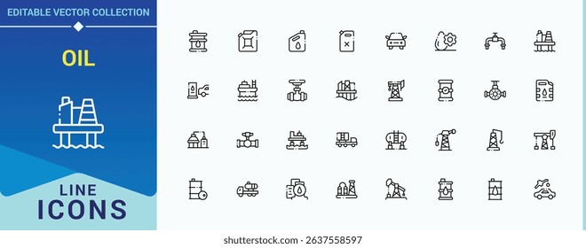 Oil linear icon set. Includes thin line symbols petroleum, gas, refinery, power, fuel and more. Gas and oil modern icon set. Icons for application. Editable stroke.