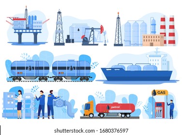 Oil logistic, gas industry, fuel extraction processing and transportation, vector illustration. Offshore oil rig, gas factory, train and car cisterns. Petroleum production industry, gasoline logistic