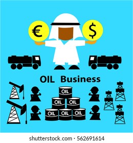 Oil market.  Business concept (oil sale, businessman,  derrick, gasoline tanker, workers, oilman, tanks). Oil Arab countries holds the currency (dollar, euro). Vector illustration. 