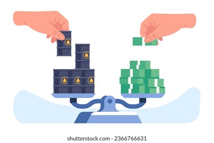 Oil market opposing or competing. Petrol barrels on scale against dollars heap. Money banknotes stack. Diesel canisters weight measuring. Petroleum value. Gasoline price