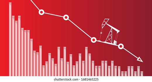 Oil market price falling down graph vector concept horizontal banner with arrows and oil rigs isolated on red background. vector business market illustration background