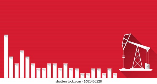Oil market price falling down graph vector concept horizontal banner with arrows and oil rigs isolated on red background. vector business market illustration background