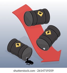Oil market trend. Oil barrel falls down chart arrow. 3d flat isometric vector illustration eps 10.