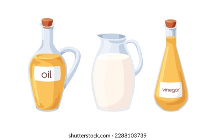 Öl, Milch, Essig in Glas-Krüge Set. Flüssige Kochzutaten in durchsichtigen Flaschen, Pitcher. Essenzen für Kochgebäck in Lagerbehältern. Flache Vektorgrafiken einzeln auf weißem Hintergrund