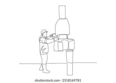 Un trabajador de una mina de petróleo está instalando un taladro. Concepto de trabajo de campo petrolero dibujo de una línea