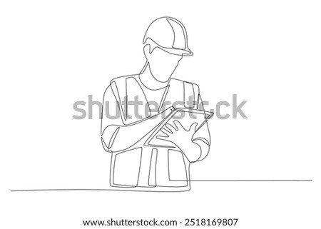 Oil mine workers checking files. Oil field work concept one-line drawing