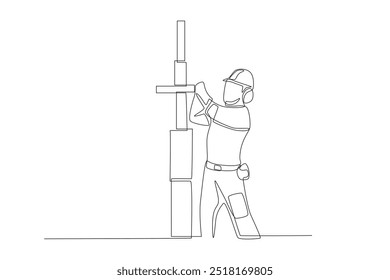 Oil mine workers wearing earplugs are drilling. Oil field work concept one-line drawing
