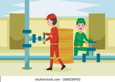 Profesión de los mineros petroleros con ilustración vectorial. Diseño plano con personajes de dibujos animados.