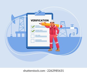 Oil miner worker man with giant pencil near marked checklist on clipboard Successful completion of tasks Flat vector illustration