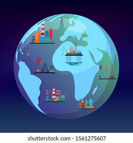 Oil mining production concept vector illustration flat style design. Planet earth globe map with oil and gas obtain industry facilities. On land construction and at ocean offshore platform.