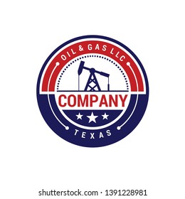 oil mining with red and blue circle badge and star logo design inspiration