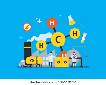 Oil mining, oil refinery, energy illustration with small people. Suitable for hero image, poster, and educational purpose.