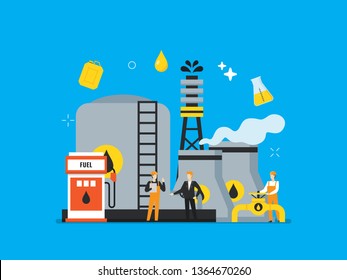 Oil mining, oil refinery, energy illustration with small people. Suitable for hero image, poster, and educational purpose.