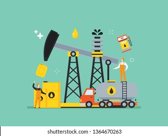 Oil mining, oil refinery, energy illustration with small people. Suitable for hero image, poster, and educational purpose.