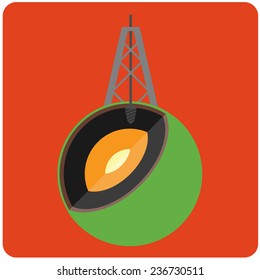 Oil mining site with drilling tower on a Earth's. Flat design style illustration.