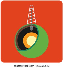 Oil mining site with drilling tower on a Earth's. Flat design style illustration.