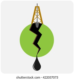 Oil mining site with drilling tower on a Earth. Flat design style illustration.