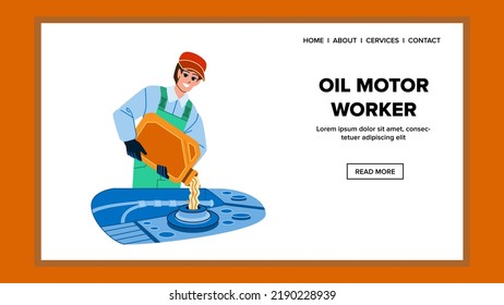 vector del trabajador del motor del aceite. auto-servicio, auto mecánico vehículo, motor de aceite de estación de cambio web ilustración de dibujos animados planos