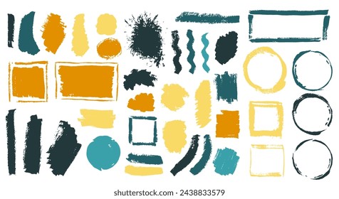 Oil muddy brush stroke mega set. Isolated border box decorative elements. Smear blot sale sticker imprint collection. Brush stroke acrylic spots drawing.