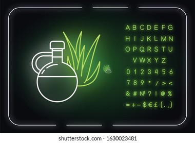 Oil neon light icon. Plant based skincare. Aloe vera juice in glass bottle. Natural skincare. Outer glowing effect. Sign with alphabet, numbers and symbols. Vector isolated RGB color illustration