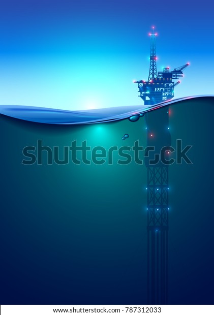Oil offshore Drilling Platform in the ocean at\
dawn. Beautiful background for oil industry. Oil rig in the light\
of lanterns and spotlights. Split view over and under water\
surface. Classic spar.