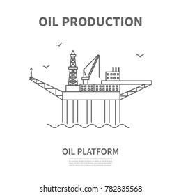 Oil offshore platform linear logotype for oil producing company. Rig for exploration and drilling wells for oil production in the sea. Vector illustration