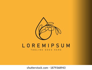 Oil olive droplet logo design. Icon vector illustration of Oil drop with olive branch. Modern logo design with line art style.