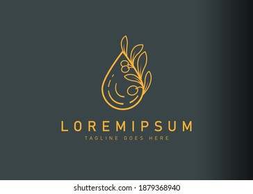 Oil olive logo design. Icon vector illustration of olive branch with water drop. Modern logo design with line art style.