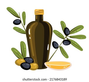 Oil olive product bottle glass concept. Vector flat graphic design element illustration